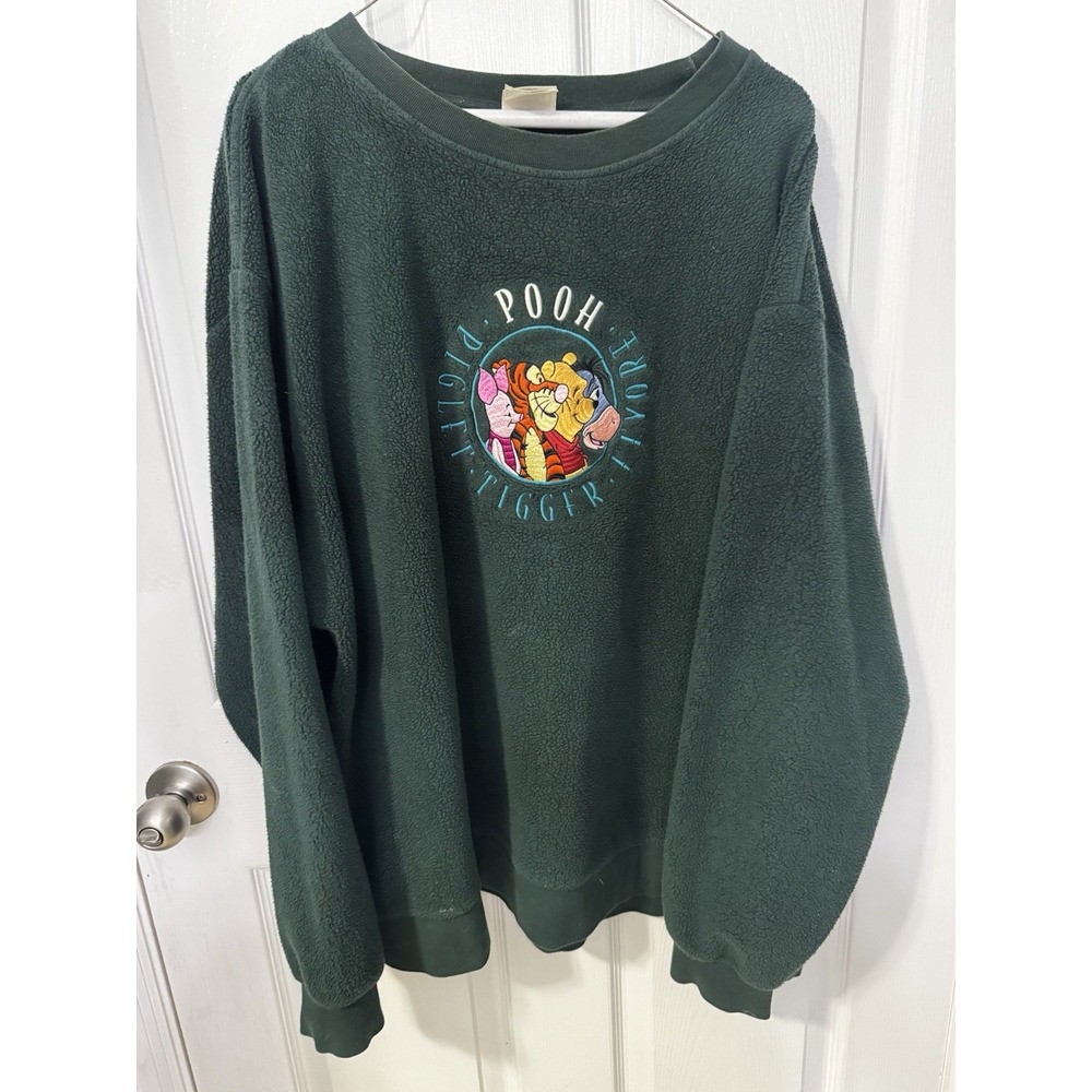 Vintage Disney Store Winnie Pooh Tigger Eeyore Piglet Green Fleece Sweatshirt L
